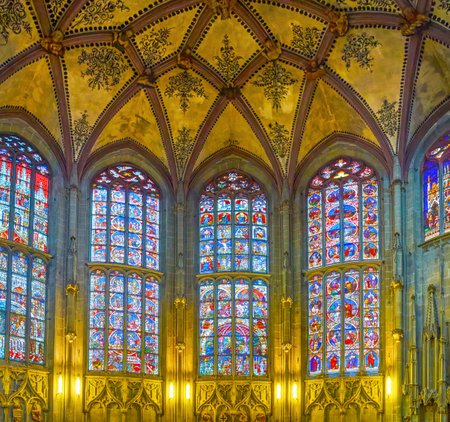 BERN, SWITZERLAND - MARCH 31, 2022: Panorama of ensemble of stained glass windows in Bern Minster, on March 31 in Bern, Switzerlandのeditorial素材