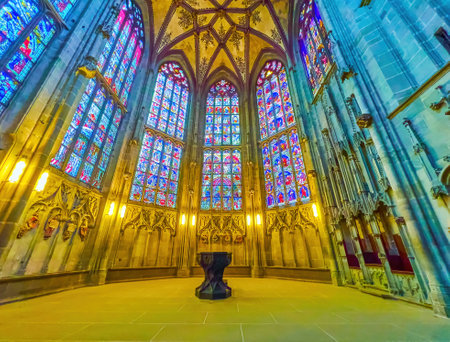 BERN, SWITZERLAND - MARCH 31, 2022: The Choir of Bern Minster with stained glass windows, on March 31 in Bern, Switzerlandのeditorial素材