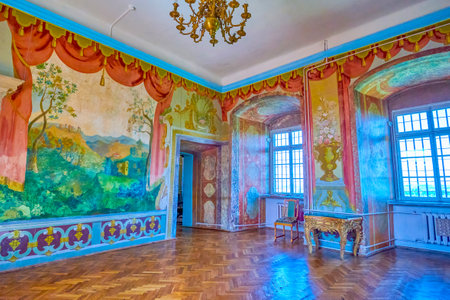 ZOLOCHIV, UKRAINE - JULY 28, 2021: The interiors of Olesko Castle, decorated with frescoes, paintings and masterpiece furniture, on July 28 in Zolochiv, Ukraineのeditorial素材