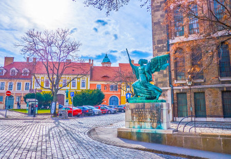 BUDAPEST, HUNGARY - FEBRUARY 26, 2022: The Running Angel monument on Becsi kapu Ter on Buda Castle Quarter, on February 26 in Budapestのeditorial素材