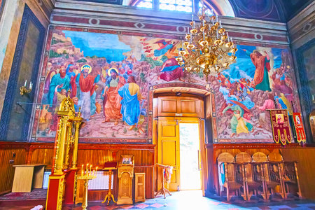 CHERNIVTSI, UKRAINE - JULY 16, 2021: The colored murals on walls of Holy Spirit Cathedral, on July 16 in Chernivtsiのeditorial素材