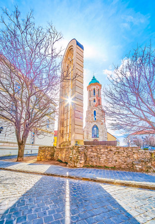 The scenic ruins of medieval Church of Mary Magdalene in Budapest, Hungaryのeditorial素材