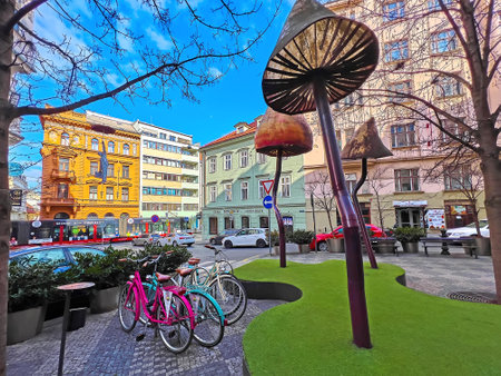 PRAGUE, CZECHIA - MARCH 5, 2022: The sculptural group of Giant Glowing Mushrooms on Odboru Street of Nove Mesto, on March 5 in Pragueのeditorial素材