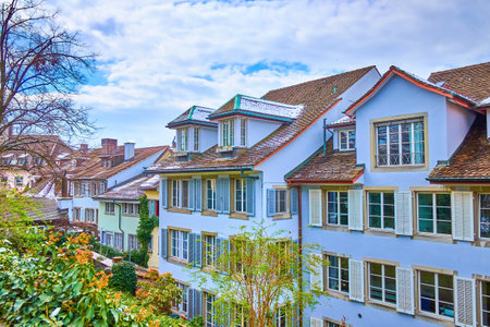 Old residential houses on Lindenhof Hill in ZÃ¼rich, Altstadt, Switzerlandの写真素材