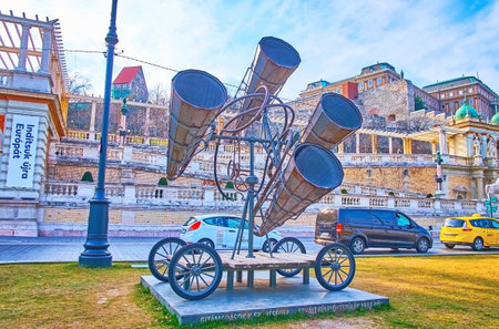 BUDAPEST, HUNGARY - MARCH 3, 2022: The vintage air defence early warning Listening ears, located adjacent to the Buda Castle Bazaar on Ybl Miklos Square, Budapest, Hungaryのeditorial素材