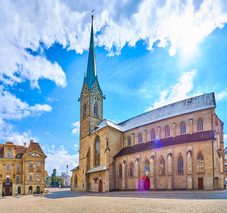 Munsterhof square with stunning Fraumunster church, Altstadt in Zurich, Switzerlandの写真素材