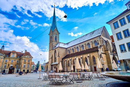 Munsterhof square with stunning medieval Fraumunster church in Zurich, Switzerlandの写真素材