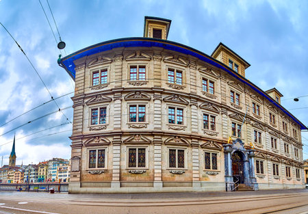 Panorama of the facade of Zurich Town Hall on Limmatquai emabankment, Zurich, Switzerlandの写真素材