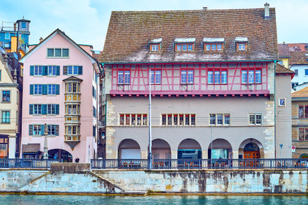 Outstanding medieval riverside houses on Limmatquai embankment of Zurich, Switzerlandの写真素材