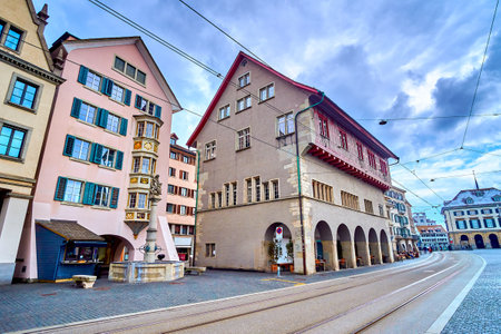 Medieval buildings along Limmatquai embankment in Zurich, Switzerlandの写真素材
