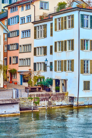Medieval residential houses on the riverside Schipfe street, Zurich, Switzerlandの写真素材