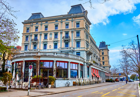 The stunning building with restaurant on the ground floor on Limmatquai embankment, Zurich, Switzerlandの写真素材