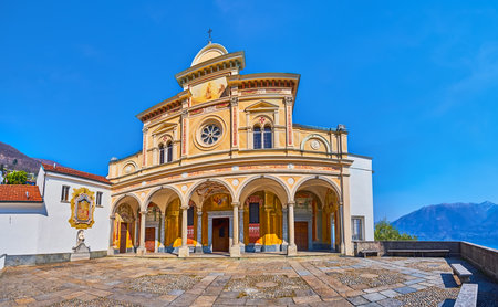 Panorama of frescoed facade of Santa Maria Assunta Church of Madonna del Sasso Sanctuary, Orselina, Switzerlandの写真素材