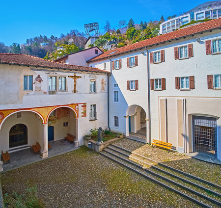 The top view of historic cloister of Madonna del Sasso Sanctuary, Sacro Monte, Orselina, Ticino, Switzerlandの写真素材