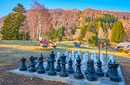 Arca di Noe (Noah Ark) tourist area of Cardada Cimetta with the giant chess, benches and a view of the slope of Cimetta Mount, Locarno, Switzerlandの写真素材