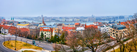 Panoramic view from Fisherman's Bastion on Parliament and other landmarks of Budapest, Hungaryの写真素材