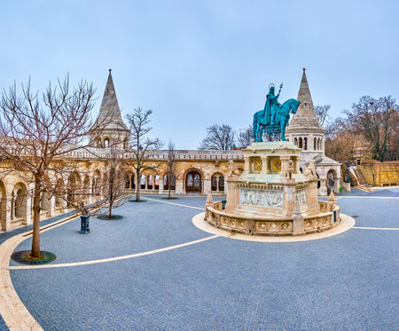 Holy Trinity Square of Fisherman's Bastion and St Stephen statue, Budapset, Hungaryの写真素材
