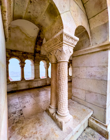Scenic stone carved gallery of Fisherman's Bastion in Budapest, Hungary