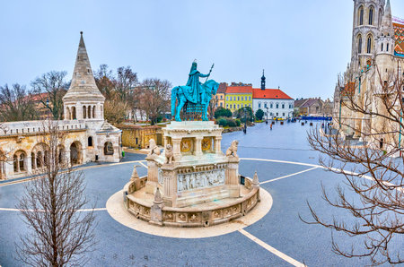 Fisherman's Bastion with ramparts, towers, Matthias Church and Equestrian statue of St Stephen, Budapest, Hungaryの写真素材