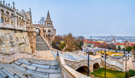 Panorama of the staircase leading on the top of Fisherman's Bastion, Budapest, Hungary.の写真素材