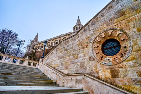 The scenic carved stone Fisherman's Bastion, Budapest, Hungaryの写真素材