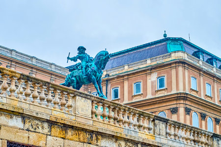 Equestrian Statue of Prince Eugene of Savoy on Danube terrace in front of Buda Castle, Budapest, Hungaryの写真素材