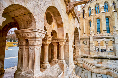 The scenic carved stone Fisherman's Bastion, Budapest, Hungaryの写真素材