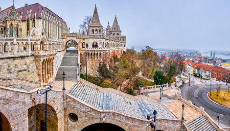 Panorama of the staircase leading on the top of Fisherman's Bastion, Budapest, Hungary.の写真素材