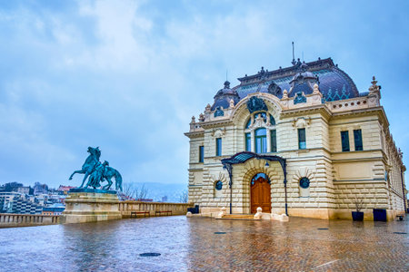 Royal Riding Hall on Foal Courtyard of Buda Castle with the statue to the horse trainer, Budapest, Hungaryの写真素材