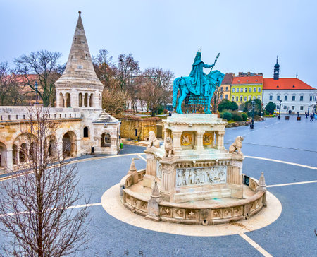 Holy Trinity Square of Fisherman's Bastion and St Stephen statue, Budapset, Hungaryの写真素材