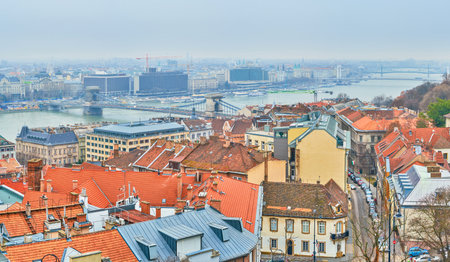 Budapest's cityscape from the Fisherman's Bastion with Castle Hill, Danube River and Chain Bridge, Hungaryの写真素材