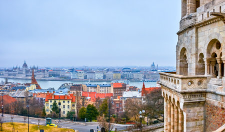 View of Budapest cityscape from Fisherman's Bastion, featuring the Danube River and the Parliament building on its bank, Hungary.の写真素材