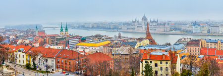 Panoramic view from Fisherman's Bastion on Parliament and other landmarks of Budapest, Hungaryの写真素材