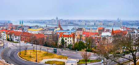 Panoramic view from Fisherman's Bastion on Parliament and other landmarks of Budapest, Hungaryの写真素材