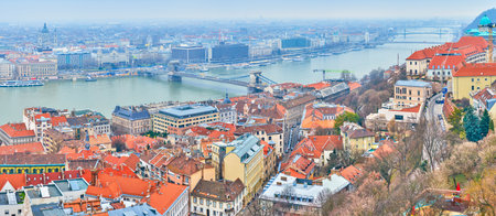 Budapest's cityscape from the Fisherman's Bastion with Castle Hill, Danube River, St Stephen Basilica and Chain Bridge, Hungaryの写真素材