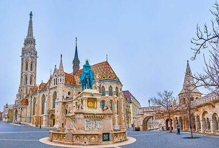 Panorama of Fisherman's Bastion with ramparts, towers, Matthias Church and Equestrian statue of St Stephen, Budapest, Hungaryの写真素材