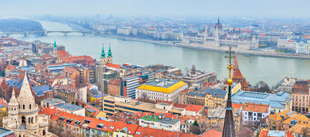 Panoramic view of Budapest cityscape from Fisherman's Bastion, featuring the Danube River and the Parliament building on its bank, Hungary.の写真素材