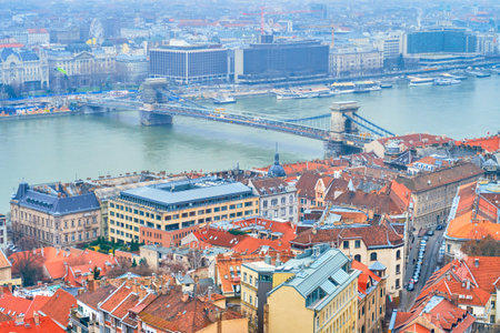 Budapest's cityscape from the Fisherman's Bastion with Castle Hill, Danube River and Chain Bridge, Hungaryの写真素材