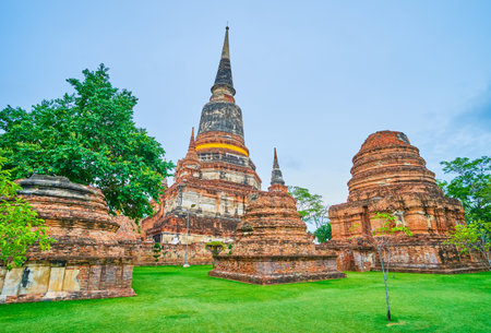 Preserved ancient chedis in Wat Yai Chai Mongkhon temple, Ayutthaya, Thailandの写真素材