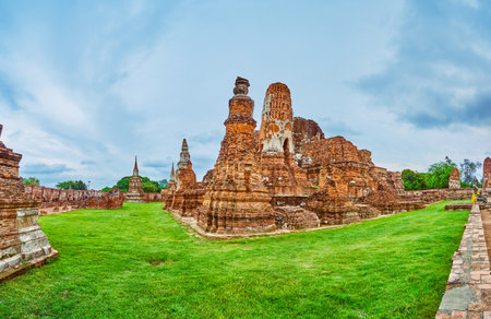 Panorama of ancient shrines, preserved in Wat Mahathat complex, Ayutthaya, Thailandの写真素材