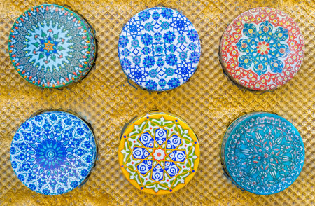 Examples of traditional metal bath soap boxes, decorated with Islamic patterns, Antalya, Turkey