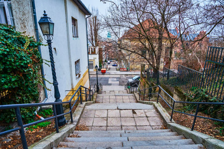 A charming staircase in the quiet Buda residential district that leads to Castle Hill, Budapest, Hungaryの写真素材