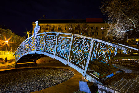 The monument to Nagy Imre on the bridge, located in small garden on Harosi Tibor Square, Budapest, Hungaryの写真素材