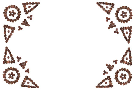Abstract pattern made with coffee beans for creative projects, frames and design, isolated on whiteの写真素材