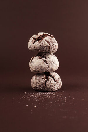Tasty cookies isolated on brown with sugar powderの写真素材