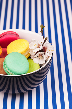 Colorful macaroon in bowl with flowers and coffee on graphic bright background with linesの写真素材