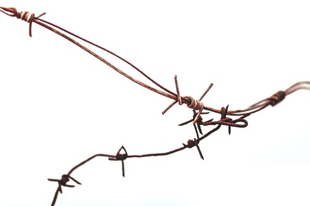 Rusty barbed wire close up against the skyの写真素材