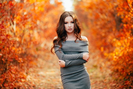 Young sexy woman with long hair in gray dress, in orange autumn forest.の写真素材