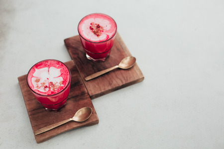 Two beetroot lattesの写真素材