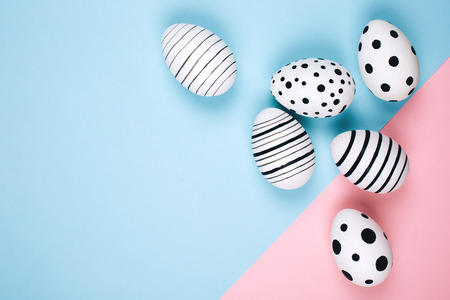 Many easter eggs on pink. Flat lay.の写真素材